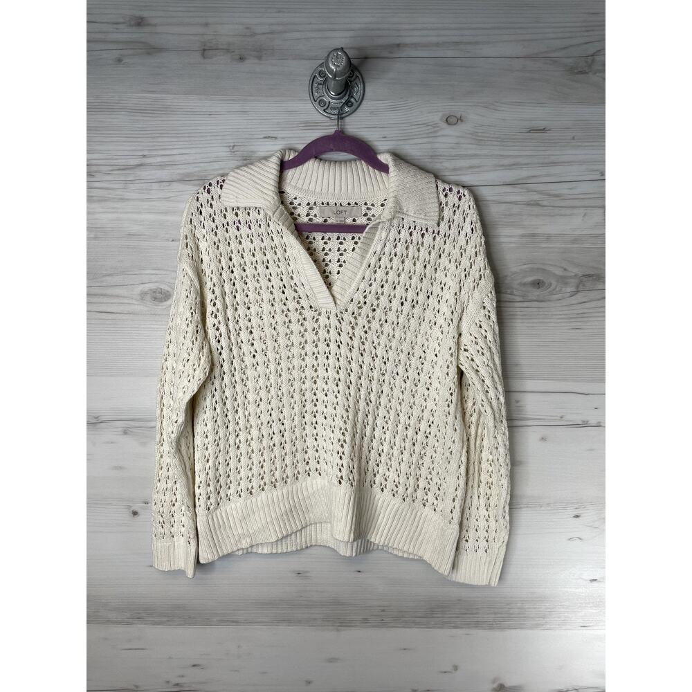 LOFT Sweater‎ Womens Medium White Open Knit Eyelet Collared V-Neck Pullover